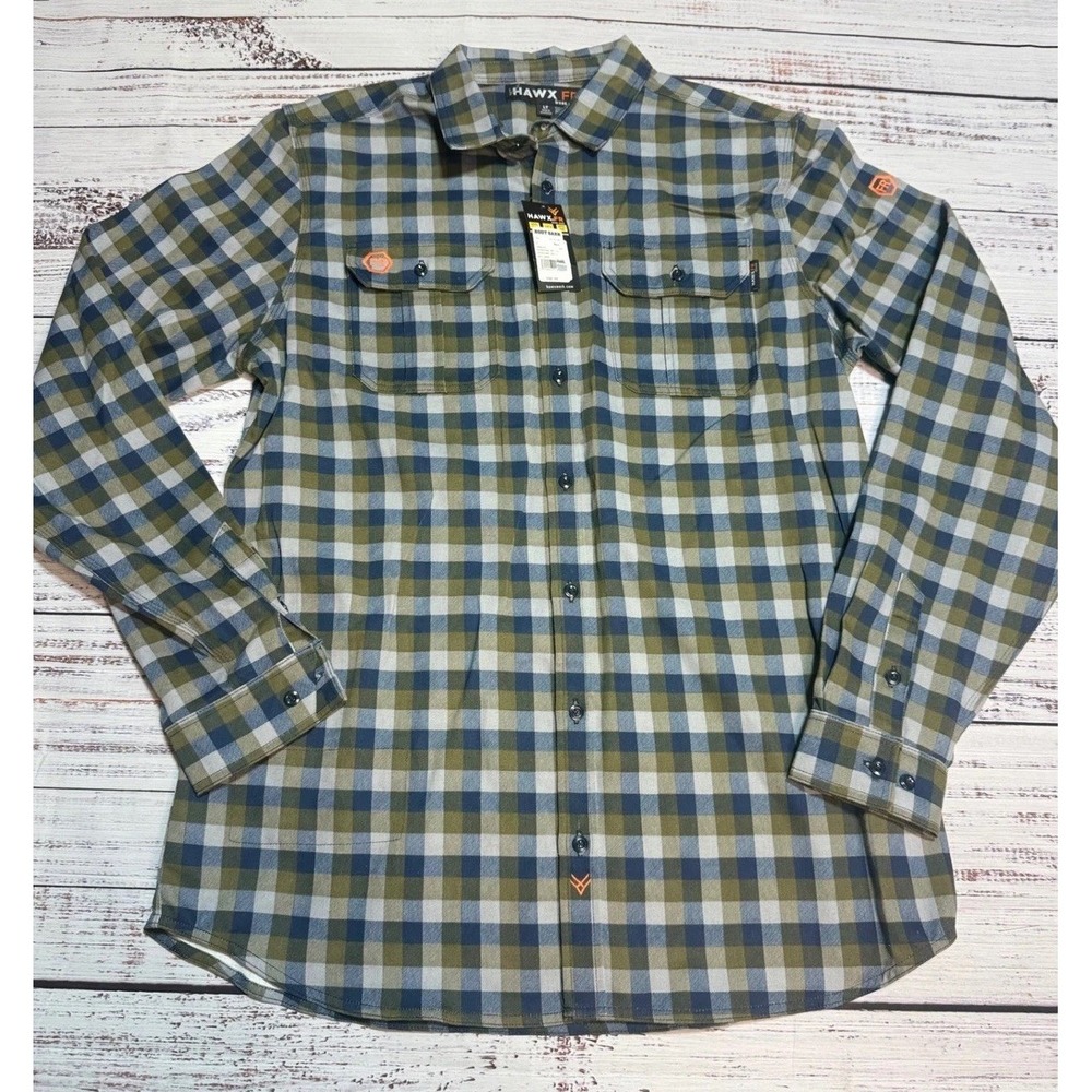 Hawx FR Work Shirt LT Large Tall Flame Resistant Plaid Navy Olive Green nwt